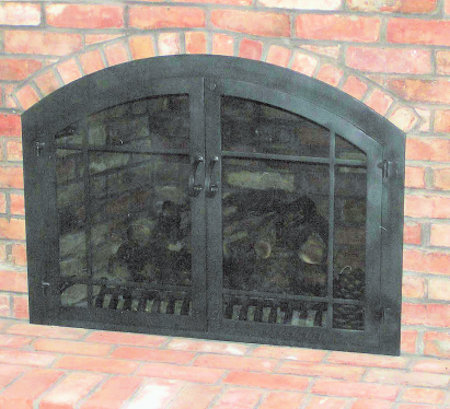 Osterville Arch Window-Pane Black finish with twin doors, standard forged handles, smoked glass. No mesh, no draft panel.